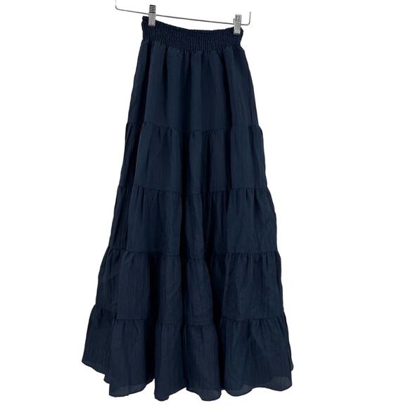 MISA LOS ANGELES Tiered Maxi Peasant Skirt Navy Blue Smocked Pull On XS NEW - Picture 7 of 15